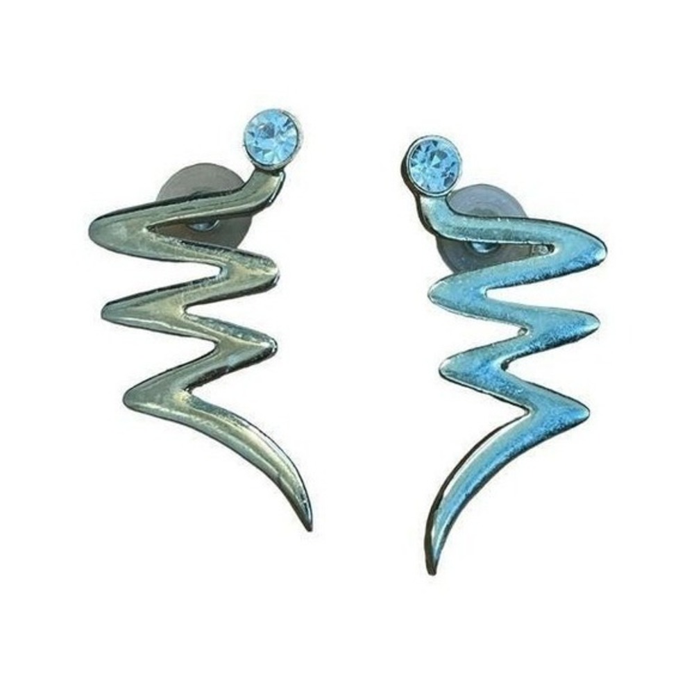 Vintage 90s Rhinestone Zig Zag Earrings Gold Tone Metal Shinny Swoosh